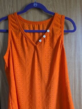 SHEIN Orange Eyelet V-Neck Tank with White Button Accents